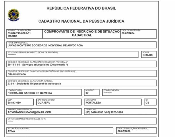 Comprovante de inscrição no CNPJ de Lucas Monteiro Sociedade Individual de Advocacia