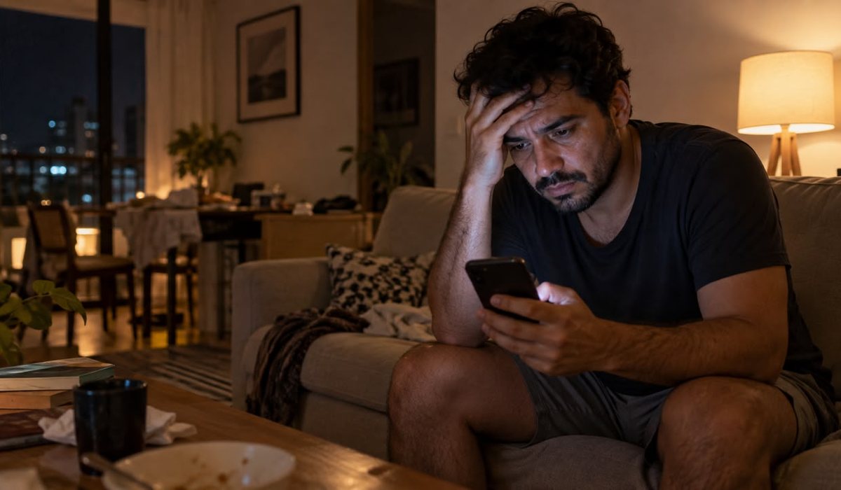 Pessoa preocupada olhando o celular depois de perder o acesso à conta
