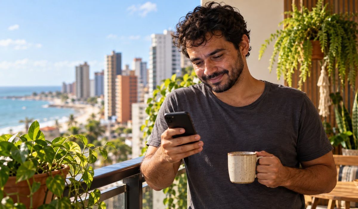 Pessoa tranquila usando o celular normalmente, com a conta funcionando